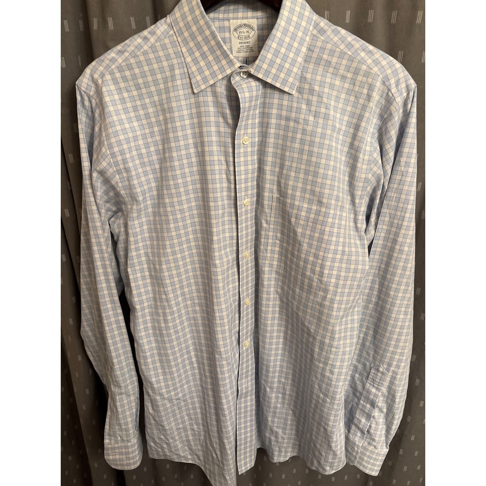 Brooks Brothers Regent Dress Shirt 15.5 35 Blue Check Supima Cotton Non-Iron